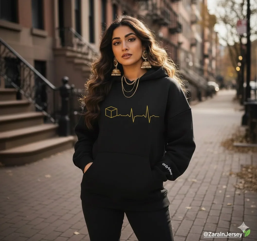 Full portrait of a model wearing the purchasable black and gold Heartbeat hoodie
