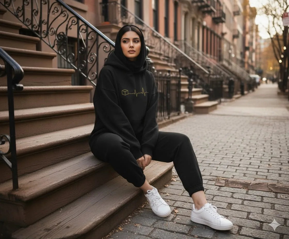 Model in a black and gold Heartbeat hoodie on a New York stoop