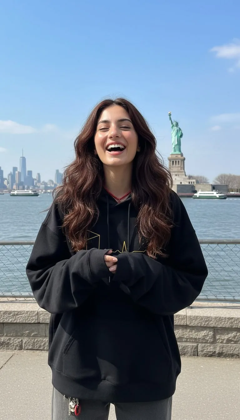 Smiling model in a black and gold Heartbeat hoodie beside the water