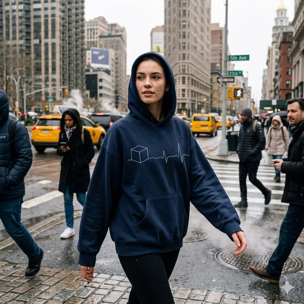 Full portrait of a model in the navy Heartbeat hoodie crossing a New York street