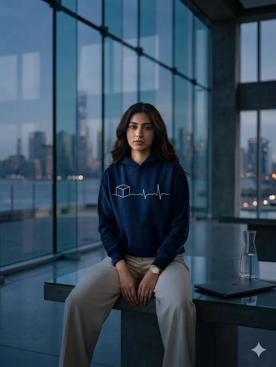 Blue hoodie beside a dark city window in the campaign