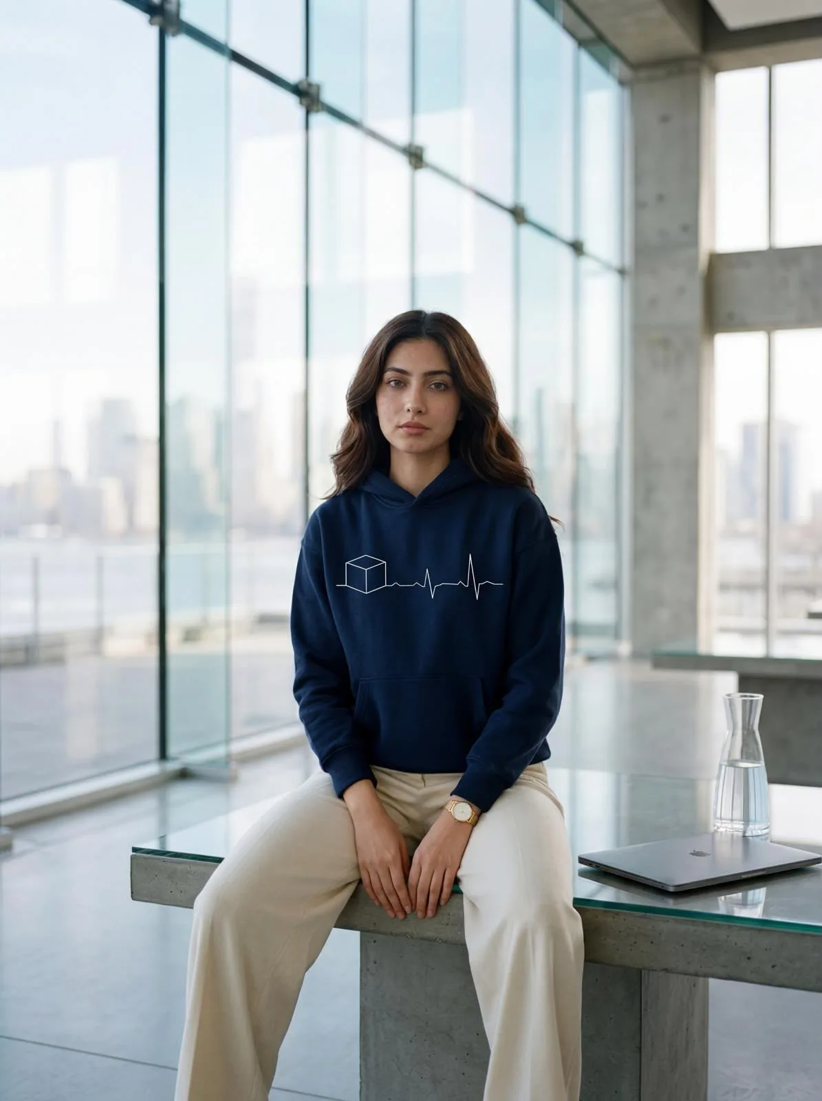 Model seated in a navy Heartbeat hoodie by the window
