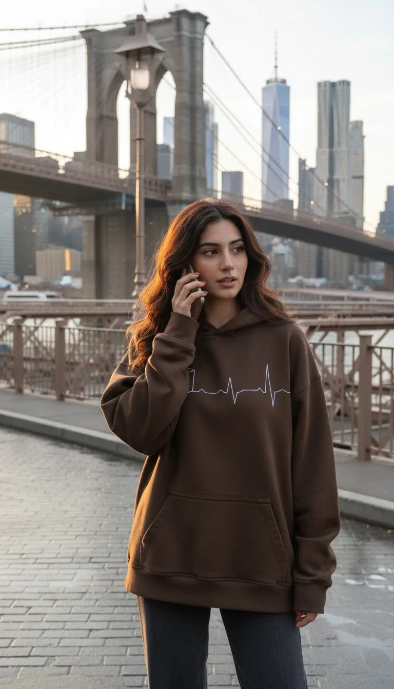 Brown hoodie photographed on a city bridge as campaign styling
