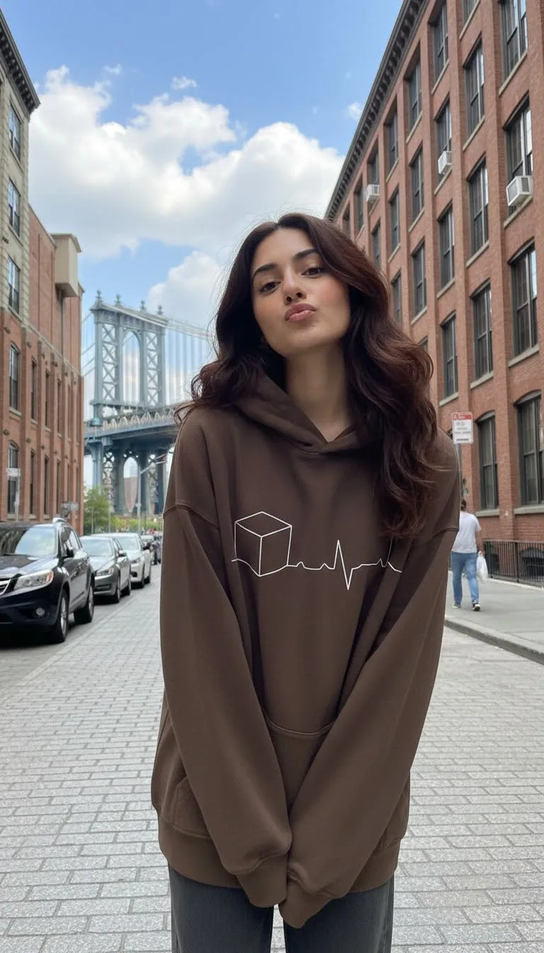 Brown hoodie photographed against an urban streetscape
